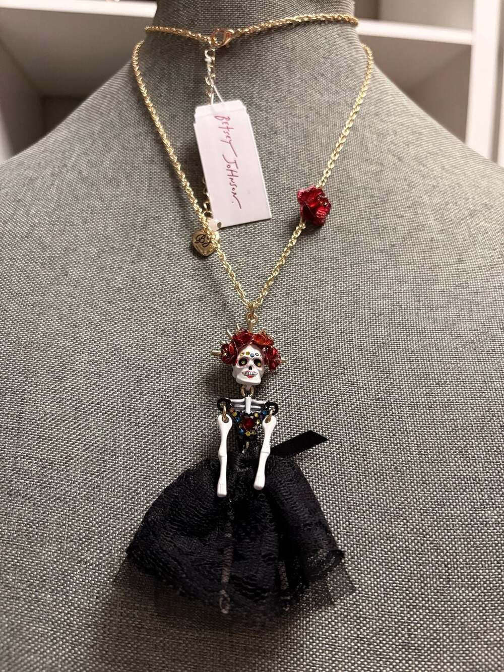Betsey Johnson Sugar Skull Bride Skeleton Pendant Necklace with Black Lace Dress